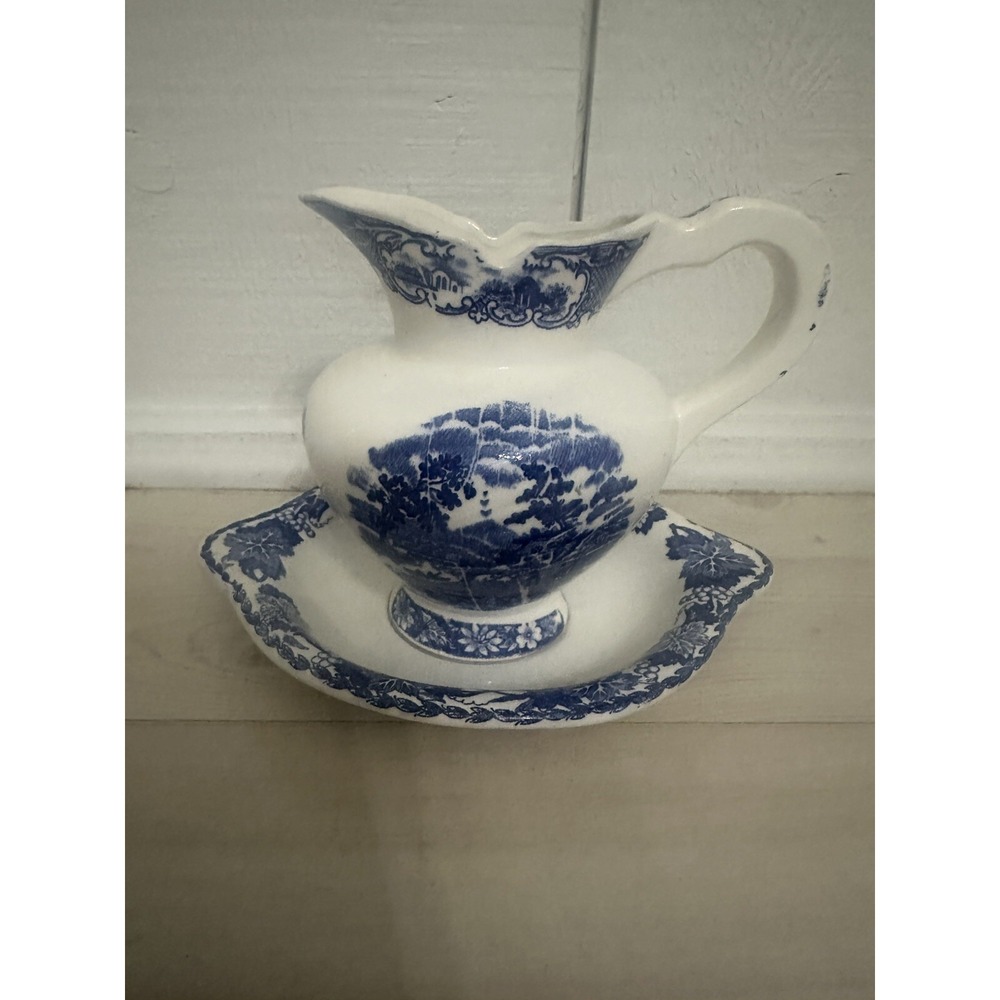 Vintage Blue White Willow Handpainted Pitcher /Japan Teapot + Plate /Asian Scene